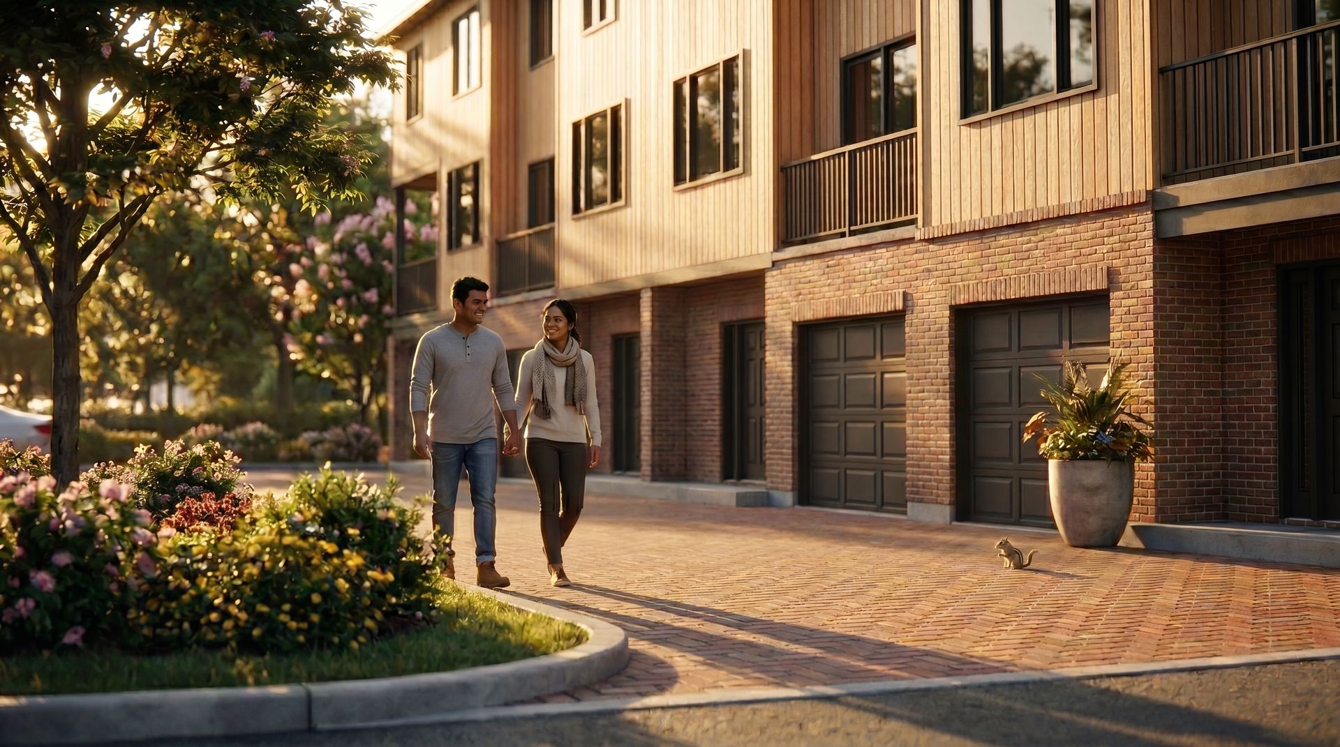 Young couple walking past landscaped townhome driveways